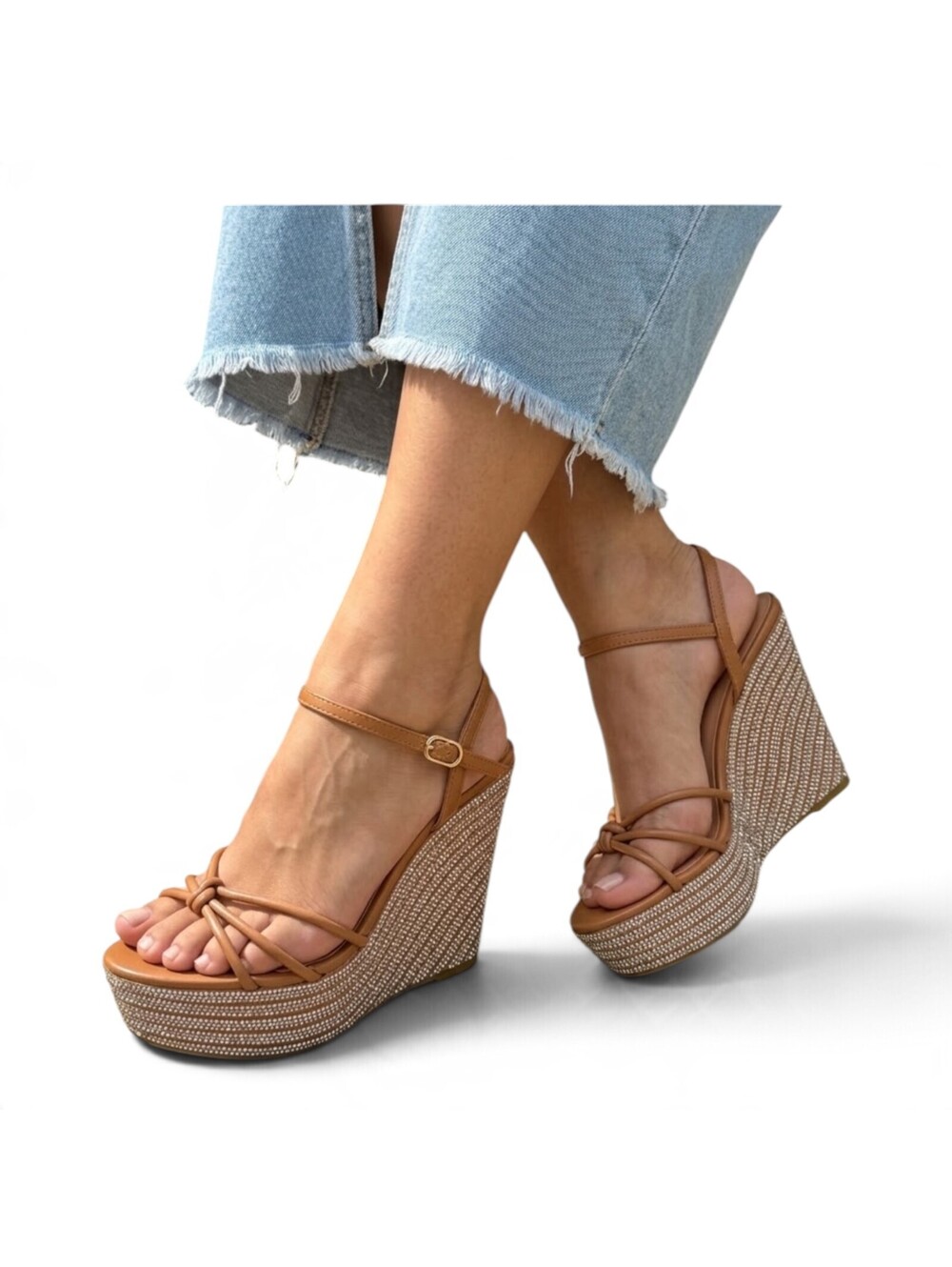 Rouge Helium Tan Knotted Strappy Rhinestone Wedge Sandals Ankle Strap Platform